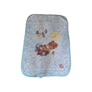 Vintage Baby Mink Blue Blanket 43"x31" Sleeping Baby Bear Moon Stars Clouds